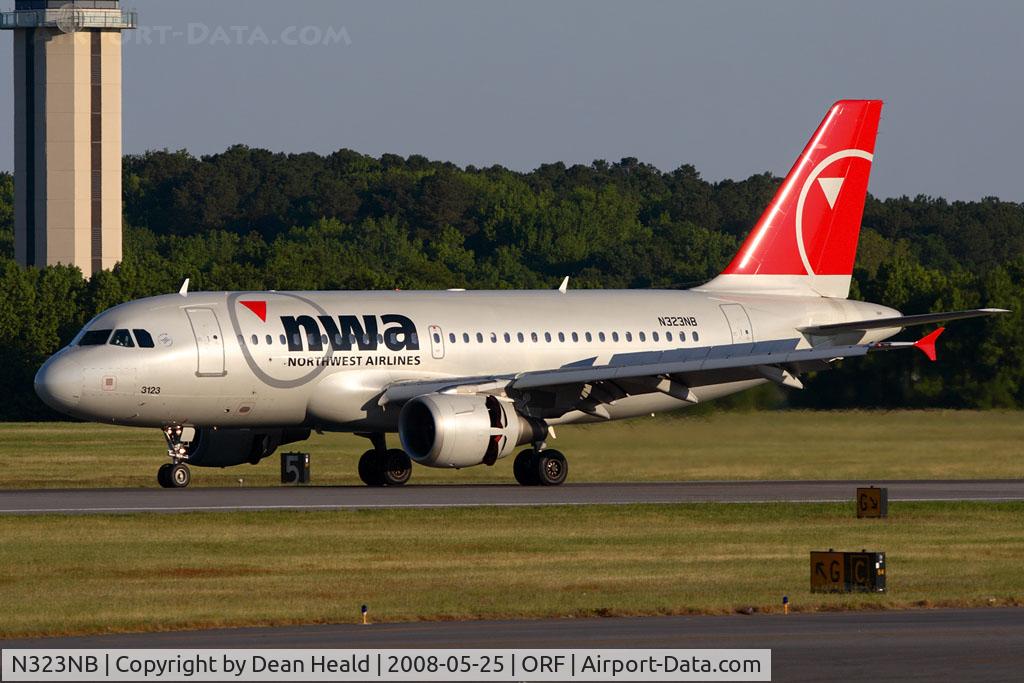 N323NB, 2001 Airbus A319-114 C/N 1453, Northwest Airlines N323NB (FLT NWA754) rolling out on RWY 5 after arrival from Detroit Metro Wayne County (KDTW).