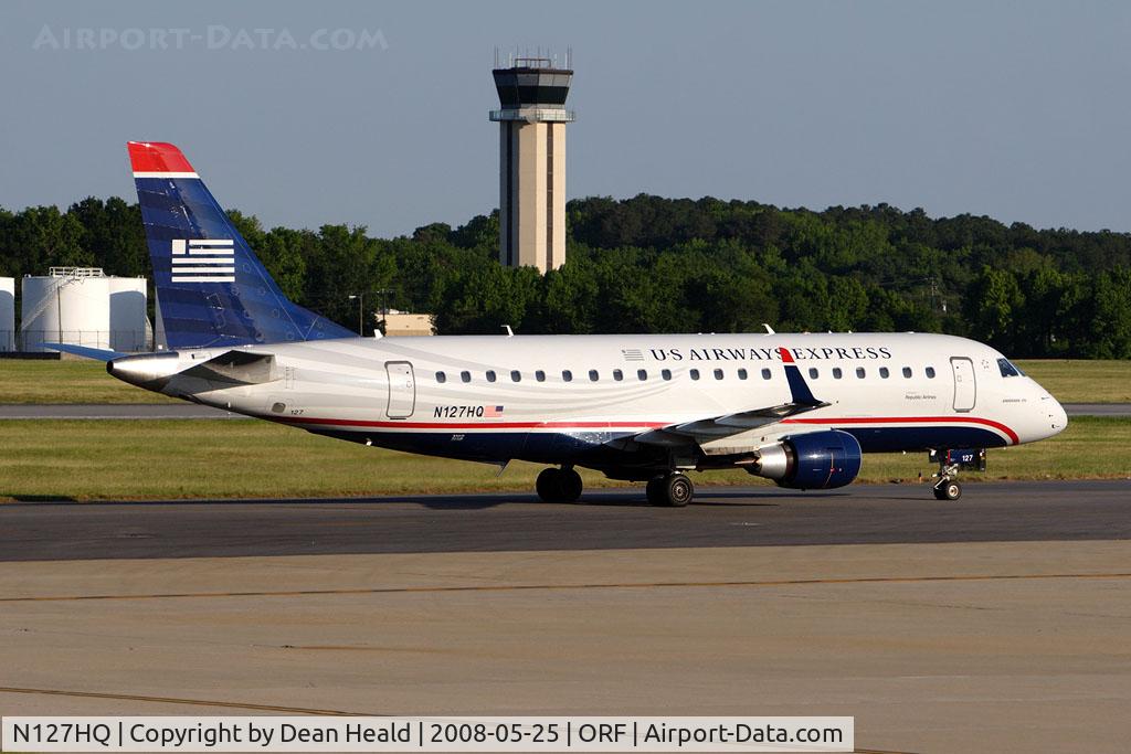 N127HQ, 2008 Embraer 175LR (ERJ-170-200LR) C/N 17000206, US Airways Express (operated by Republic Airlines) N127HQ (FLT RPA3268) from Charlotte/Douglas Int'l (KCLT) taxiing to the gate via taxiway 