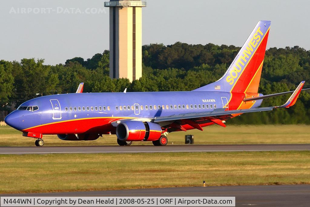 N444WN, 2003 Boeing 737-7H4 C/N 29839, Southwest Airlines N444WN (FLT SWA3286) rolling out on RWY 5 after arrival from Jacksonville Int'l (KJAX). Today this flight was KSAT-KHOU-KMSY-KTPA-KJAX-KORF.