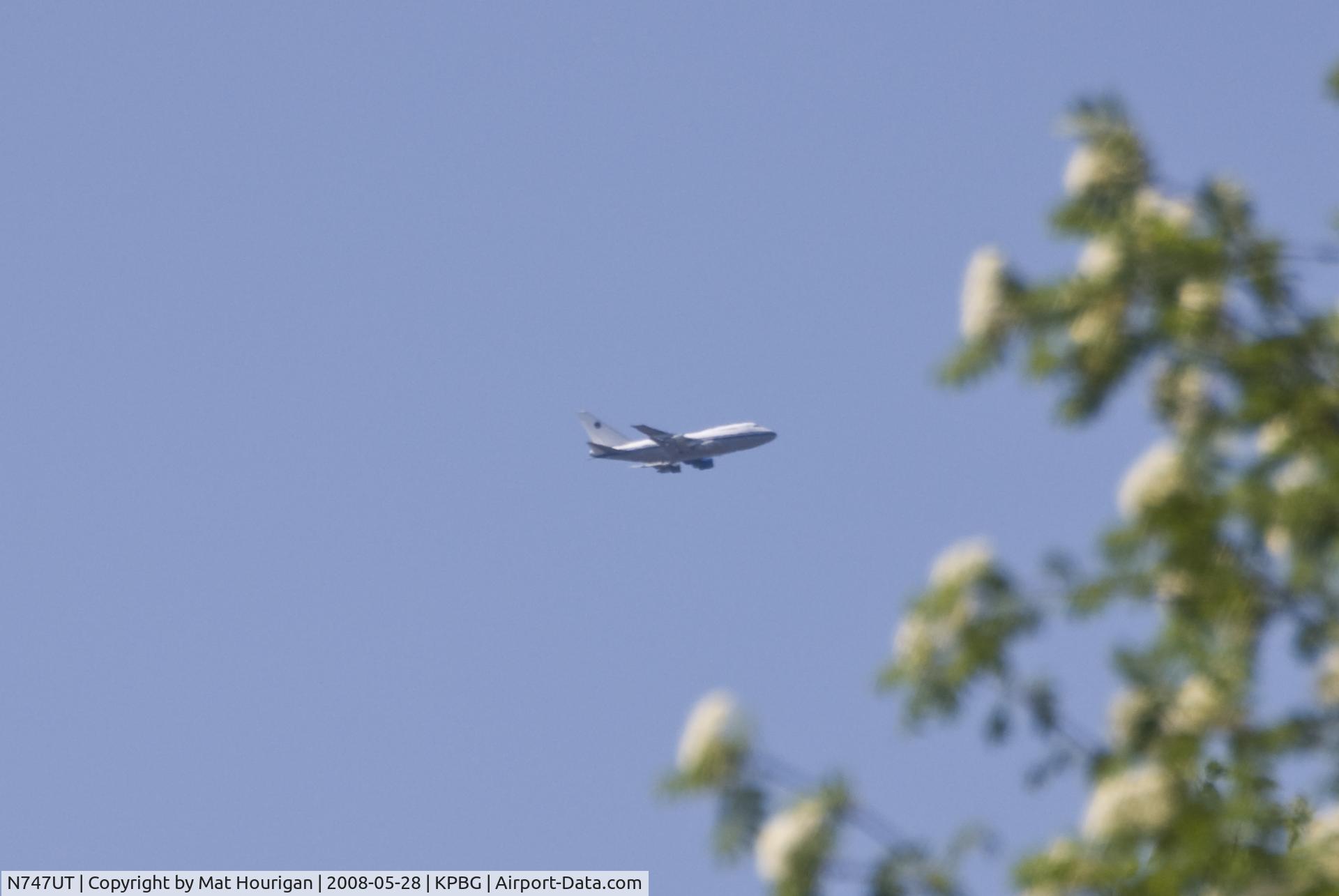 N747UT, 1980 Boeing 747SP-J6 C/N 21934, Flying low and very slow over Lake Champlain in Champlain, NY headed towards Plattsburgh.
