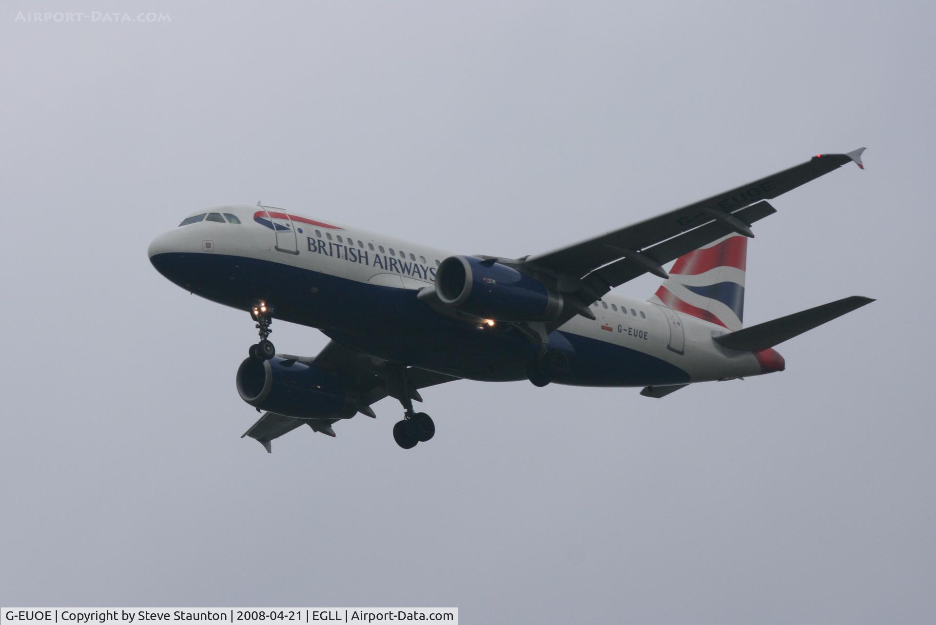 G-EUOE, 2001 Airbus A319-131 C/N 1574, Heathrow Airport 21/04/08 (married 19/04/08 - spotting two days later)