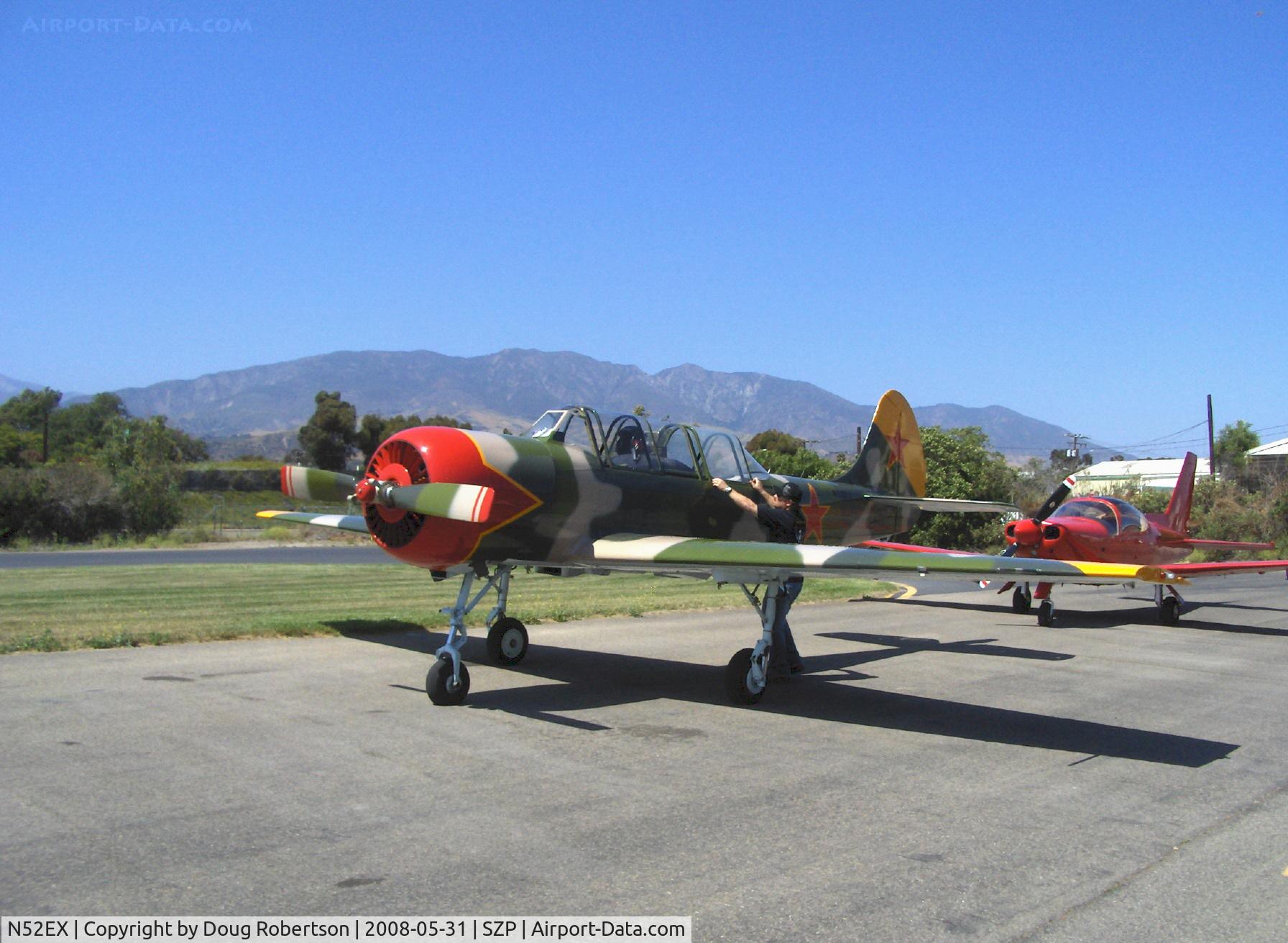 N52EX, 1988 Yakovlev (Aerostar) Yak-52 C/N 888407, 1988 S C Aerostar SA (Romania Iak-52) YAK 52, VOKBH (Bakanov) M-14P 9 cylinder radial 355 Hp. Iak-52W variant has tri-blade prop, more fuel, increased wingspan, Western avionics & metal-skinned control surfaces introduced 1999.