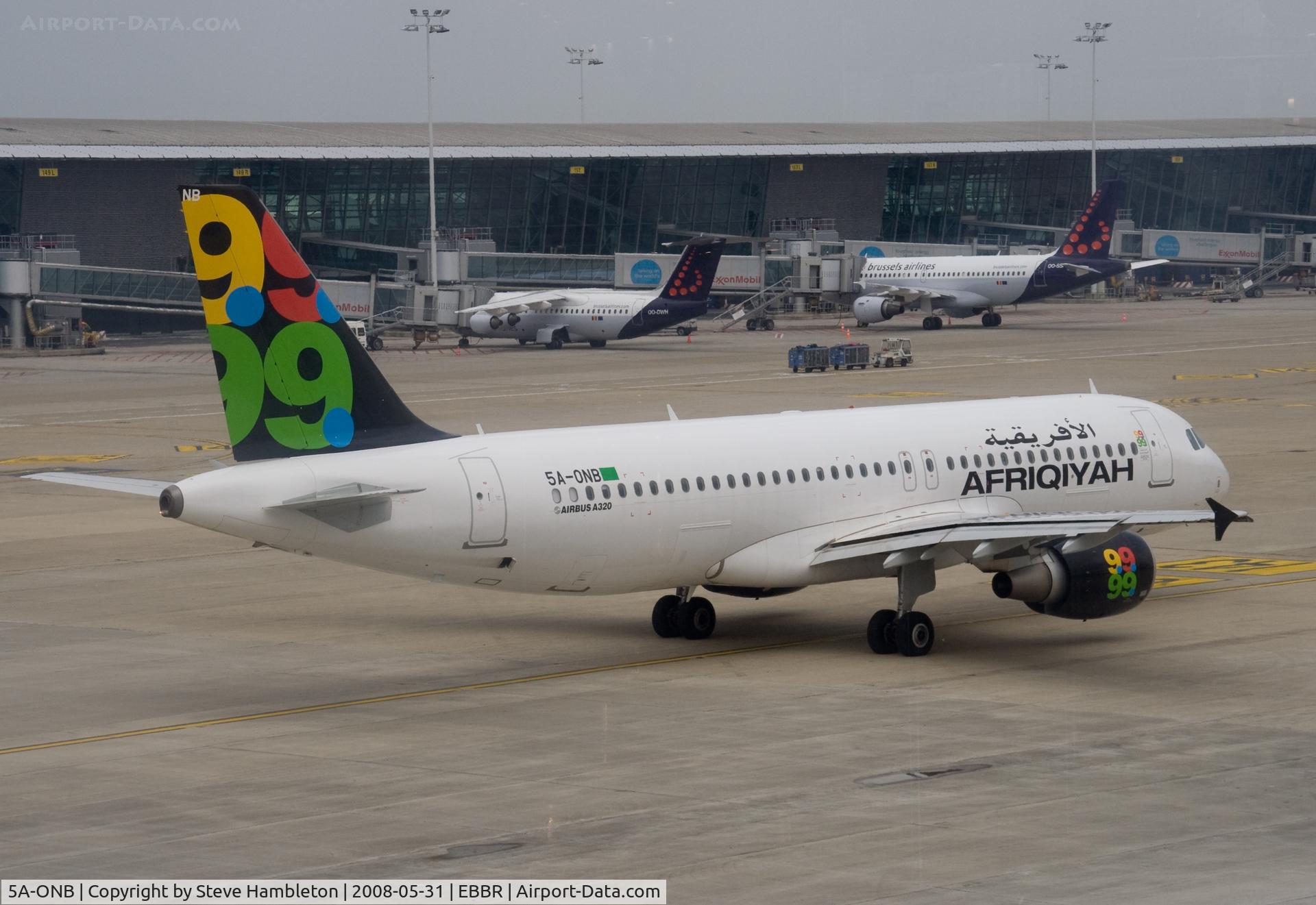 5A-ONB, 2007 Airbus A320-214 C/N 3236, Afriqiyah A320 waiting to taxi at Brussels