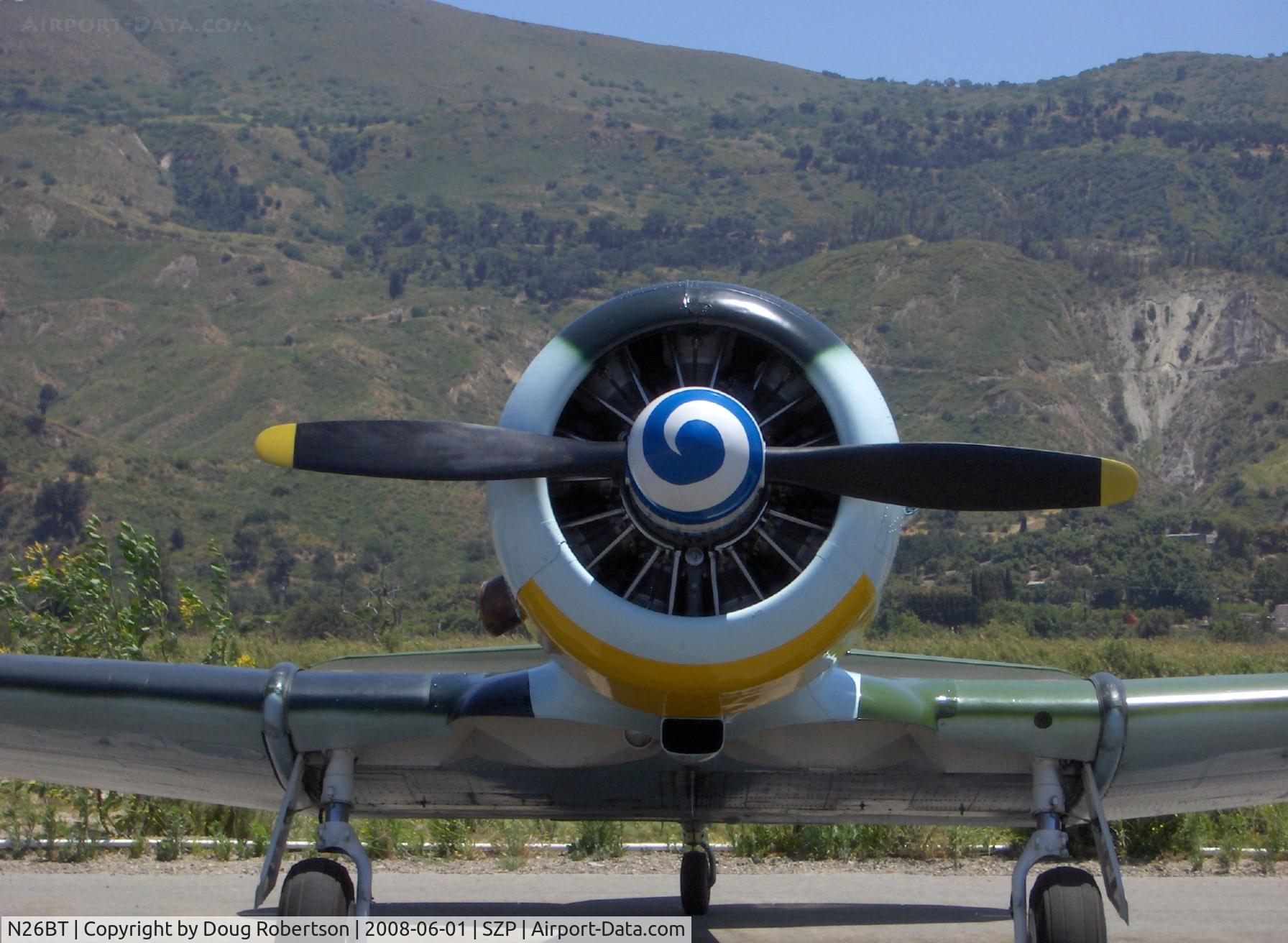 N26BT, 1959 North American SNJ-5 Texan C/N 90918, 1959 North American SNJ-5, Pratt & Whitney R-1340 Wasp 600 Hp, spiral-painted spinner