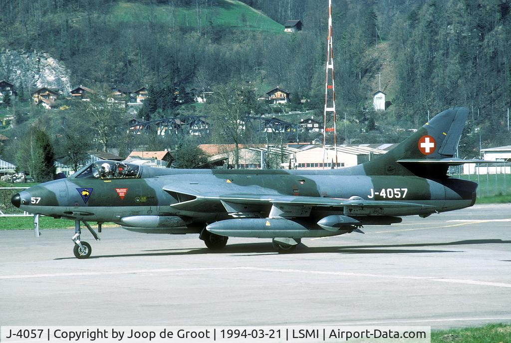 J-4057, Hawker Hunter F.58 C/N 41H-697424, 1994 saw the last year of Hunter operation in Switzerland. This one was photograped at its war time base Interlaken during the last anual refresher course held here.