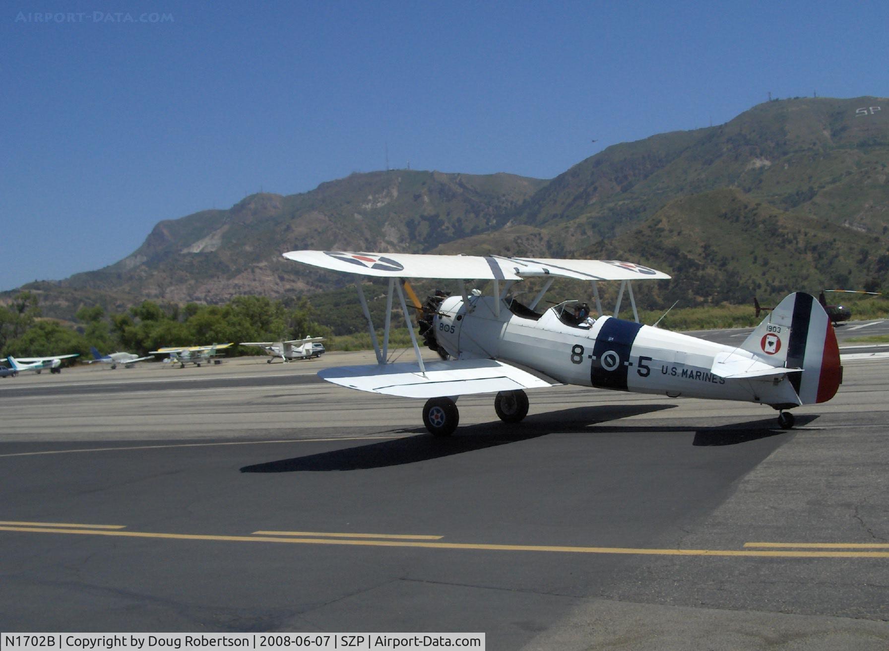 N1702B, 1942 Boeing PT-13D Kaydet (E75) C/N 75-5903, 1942 Boeing Stearman PT-13D 'Ruthie's Doll', Continental W670 220 Hp, taxi to Rwy 22