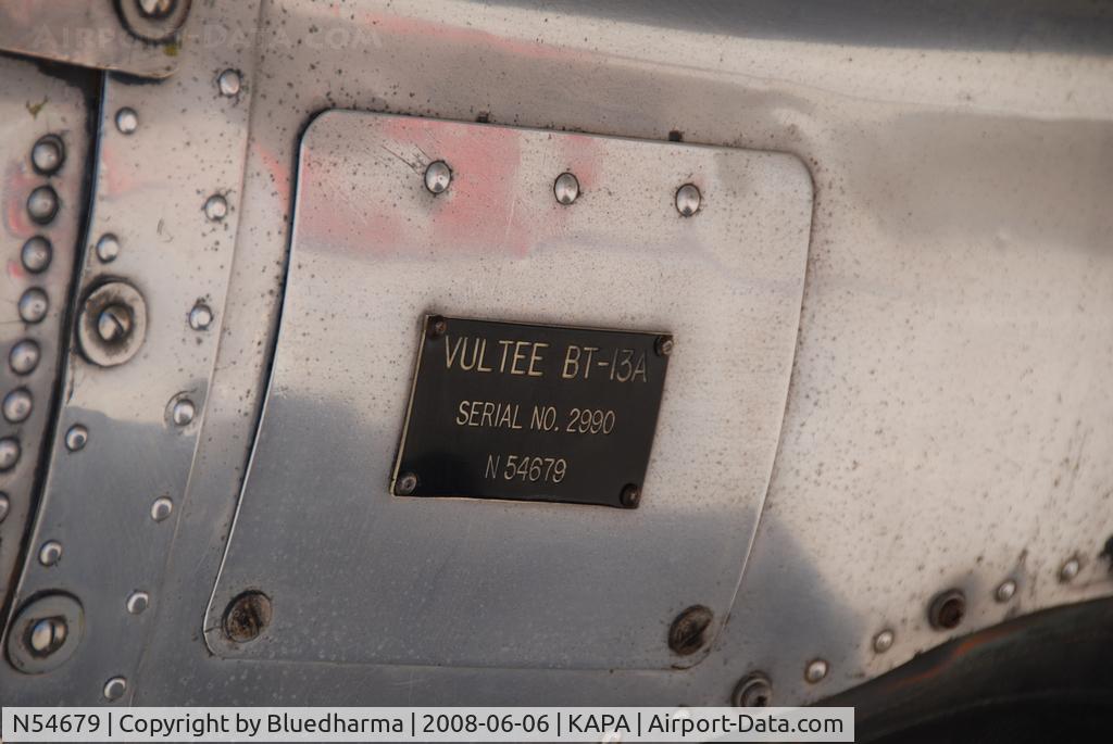 N54679, 1941 Consolidated Vultee BT-13A C/N 2990, Number plate. Parked on Display at KAPA.