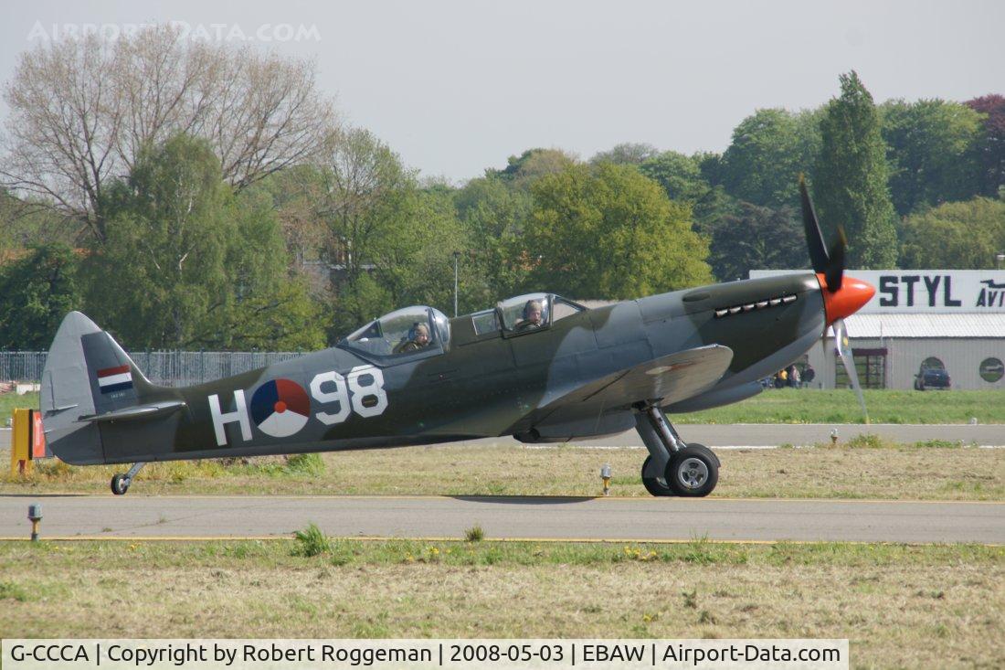 G-CCCA, 1944 Supermarine 509 Spitfire TR.IXc C/N CBAF.9590, Departing the 18 th Antwerp Stampe fly in for a visit to Lelystad with G-BUOS.G-CCCA ended there on his belly for the returnflight.