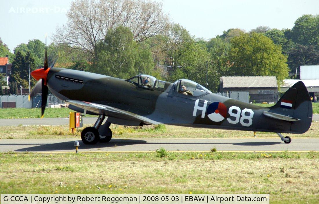 G-CCCA, 1944 Supermarine 509 Spitfire TR.IXc C/N CBAF.9590, Departing the 18 th Antwerp Stampe fly in for a visit to Lelystad with G-BUOS.G-CCCA ended there on his belly for the returnflight.