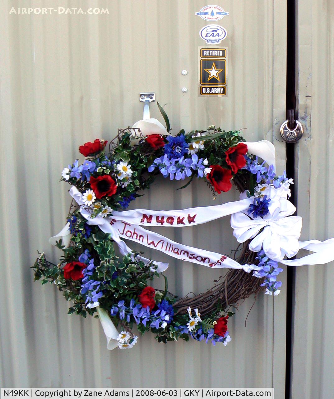 N49KK, 2002 Kolb Kolbra C/N KB01-3-00008, This wreath and a note were attached to the hanger door where N49kk has been stored for many years...Quite a shock. I did not know the man but I had spoken with him on several occasions and was always fascinated by his airplane. God rest his soul.