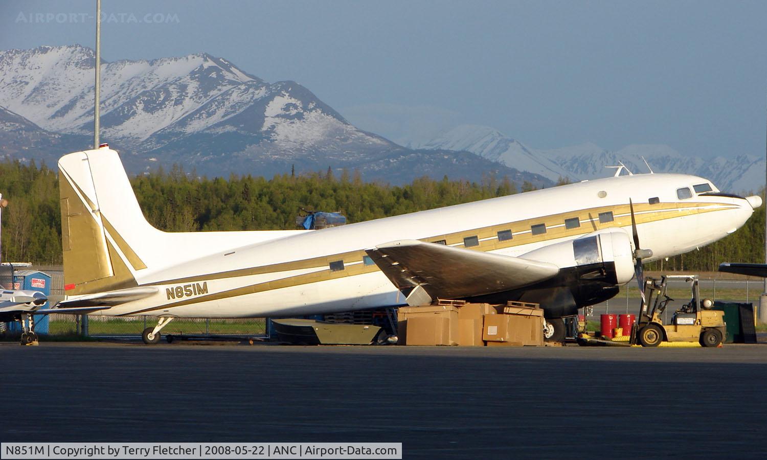 N851M, 1952 Douglas SUPER R4D-8Z C/N 43302, DC3 sits in late evening sun at Anchorage Int