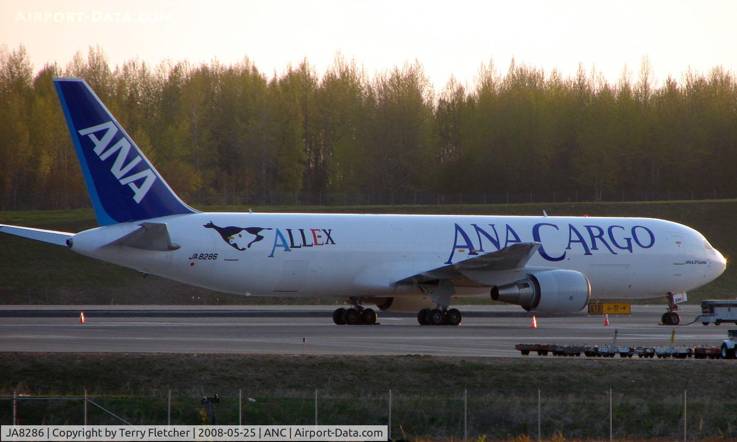 JA8286, 1989 Boeing 767-381/ER(BCF) C/N 24400, ANA Cargo B767 makes a late evening call to Anchorage Freight ramp