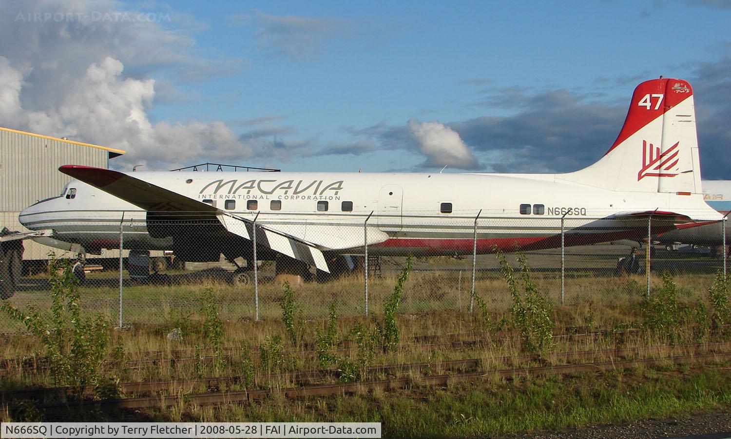 N666SQ, 1947 Douglas DC-6 C/N 43004, Originally delivered to United Airlines as N37515 way back in 1947  it was then operated by Sis-Q Flying Services and Macavia as N666SQ before ending up in Everts Storage compound