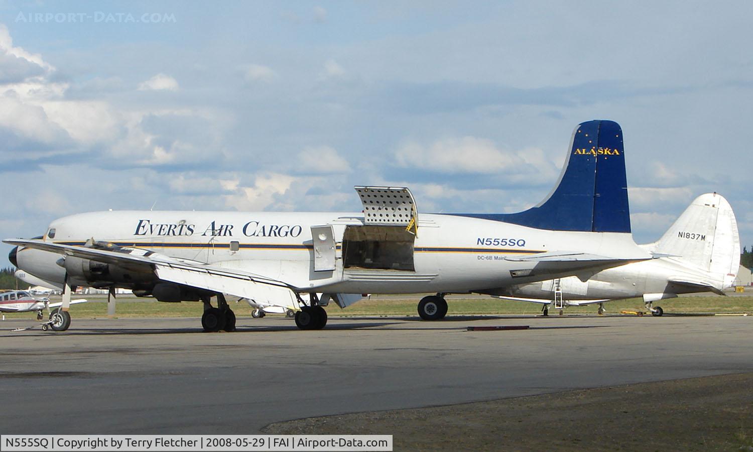 N555SQ, 1957 Douglas DC-6B C/N 45137, Delivered to United Airlines as N37585 in 1957 , operated until 1968 , stored for 3 years at Ryan Field ,AZ before becoming N555SQ with Sis-Q Flying Services and subsequently with Macavia , T & G Aviation , Barron Thomas and Everts Fuel