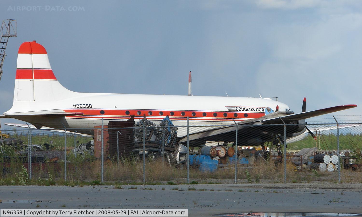 N96358, 1944 Douglas C-54E C/N 27284, Delivered to USAF as 44-9058 in 1945 - immediately transferred to the US Navy as Bua90397   - stored at Davis Monthan from 1970 before becoming N96358 with Gerald D Wilson in 1972 and with Aero Flite in 1979 - now sits in Brooks Fuel Yard at Fairbanks Int