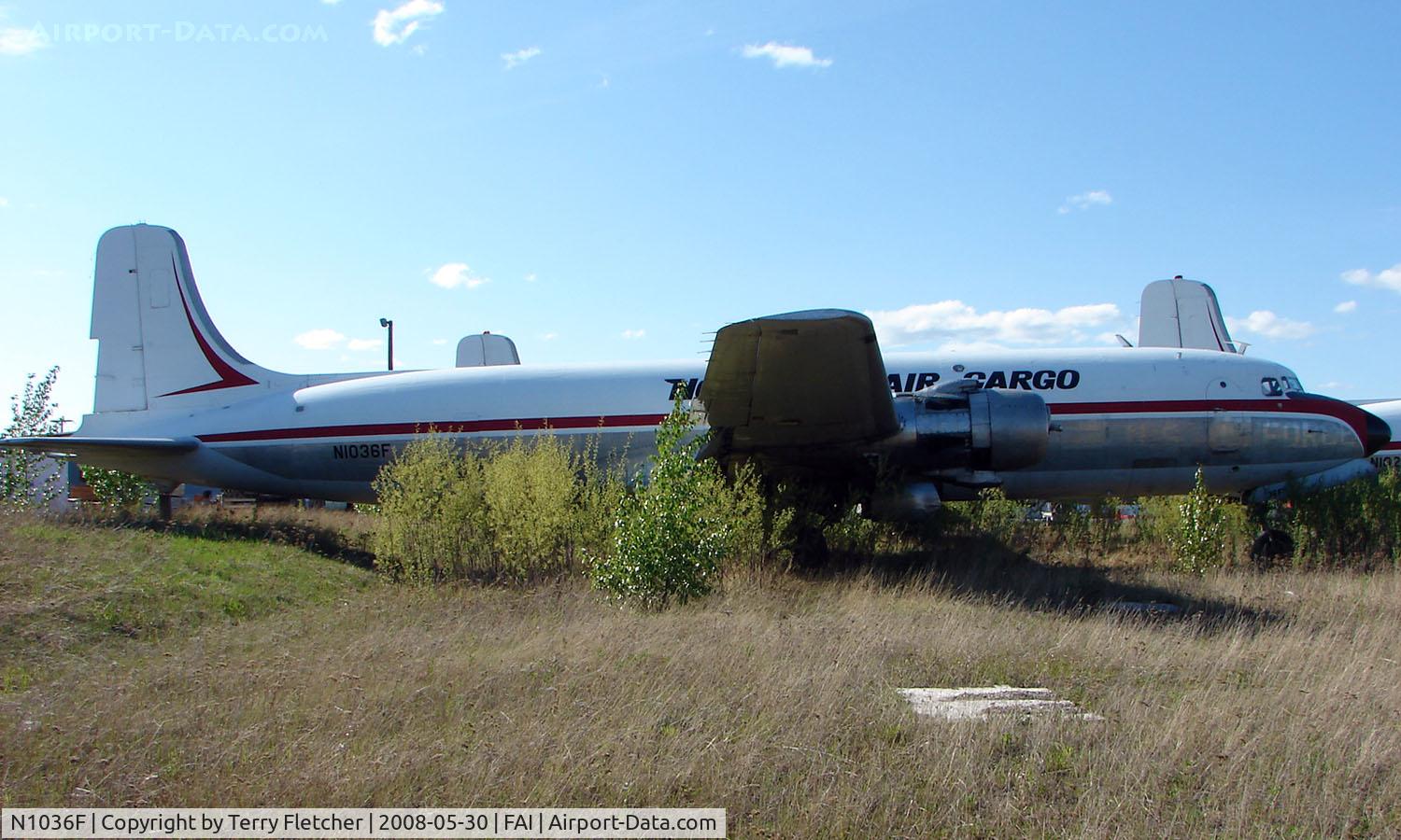 N1036F, Douglas VC-118A Liftmaster (DC-6A) C/N 43581, Delivered to USAF as 51-3834 in 1952 it served until 1975 when it was stored at Davis Monthan , bought by Robert G Sholton in 1976 and registered as N1036F in 1979  it was operated by Northern Air Cargo from 1981 - believed to be now a time expired frame