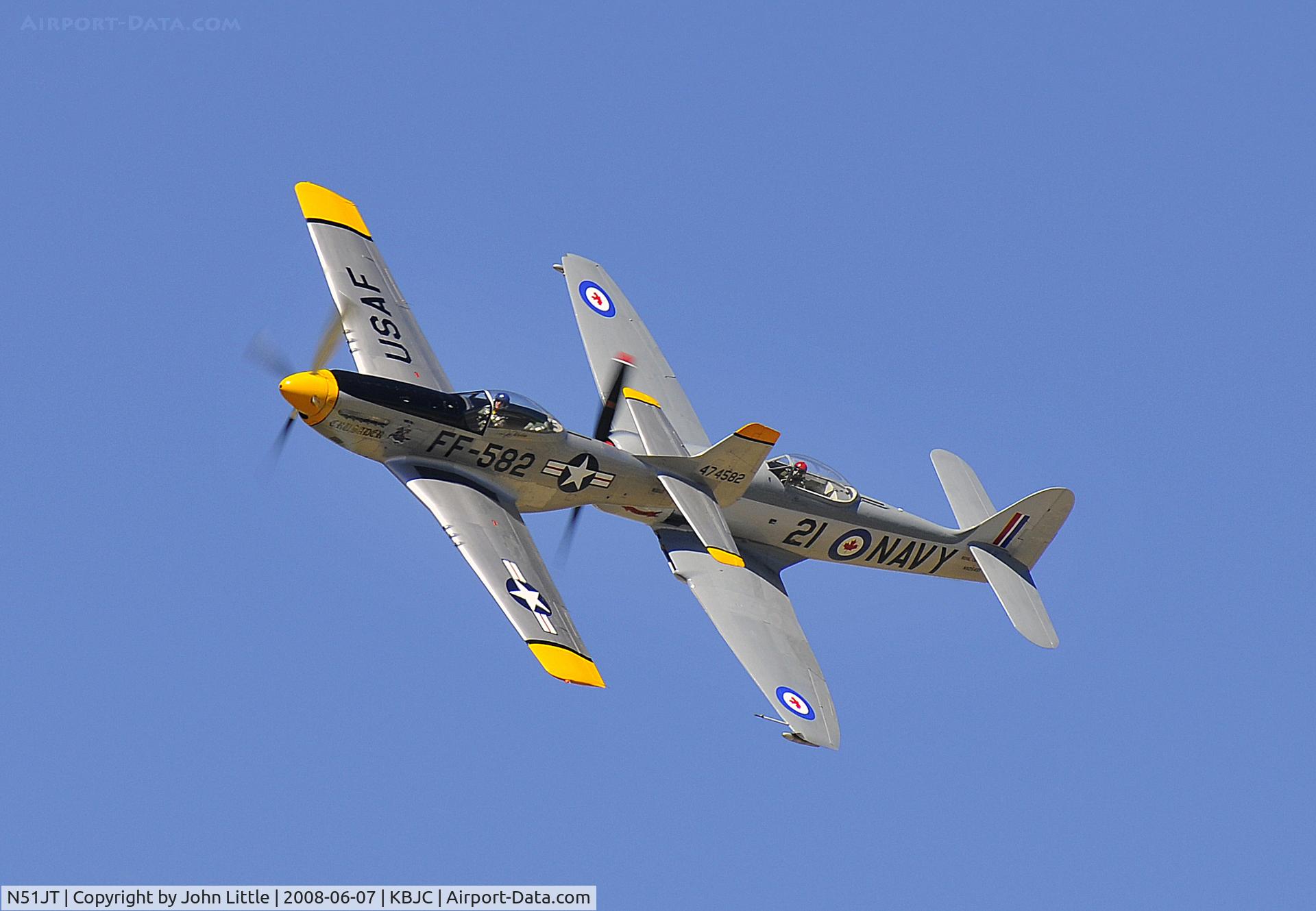 N51JT, 1946 North American P-51D Mustang C/N 122-41122 (44-74582), Lee Lauderbach in Joe Thibodeau's P-51 Mustang, and Joe Thibodeau in his Hawker Sea Fury doing a flyby