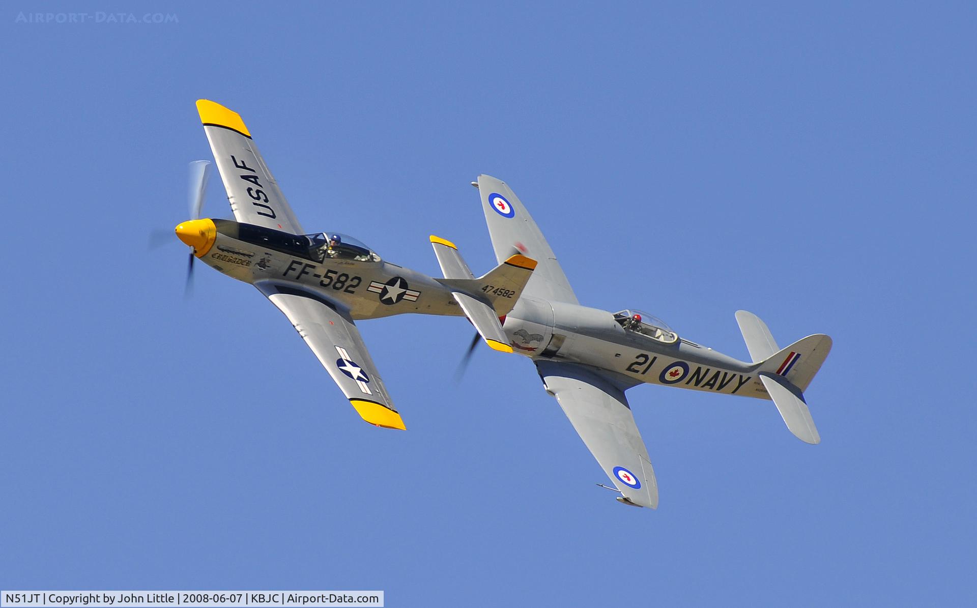 N51JT, 1946 North American P-51D Mustang C/N 122-41122 (44-74582), Lee Lauderbach in Joe Thibodeau's P-51 Mustang, and Joe Thibodeau in his Hawker Sea Fury doing a flyby