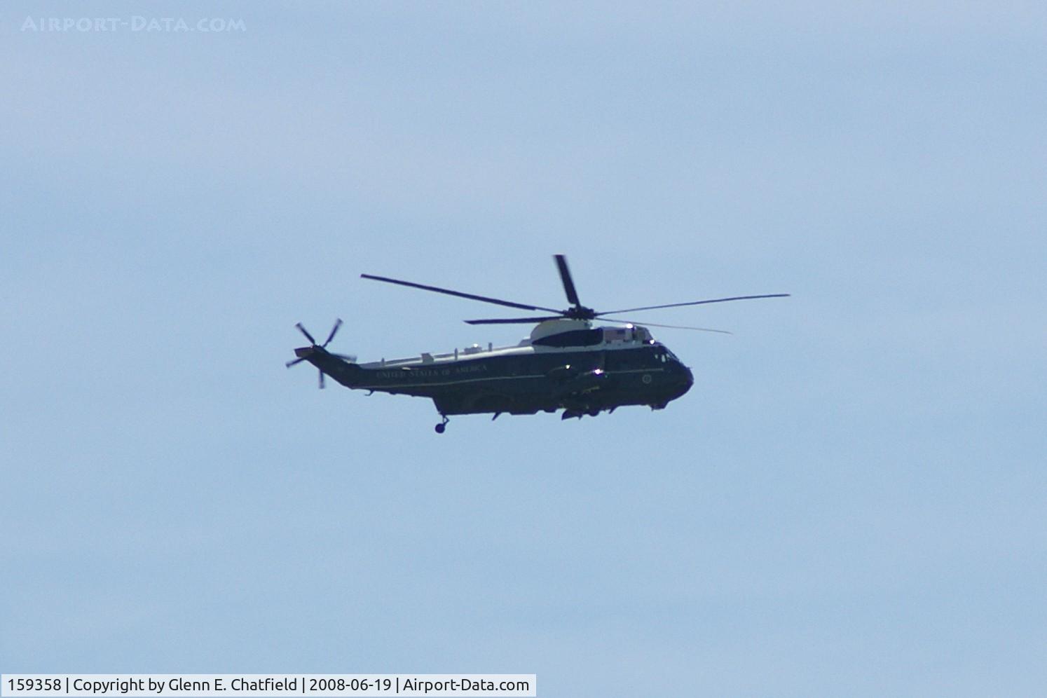159358, Sikorsky VH-3D Sea King C/N 61732, Either 159358 or 159359.  One is Marine One.  Over North Liberty, IA, about a mile from me.