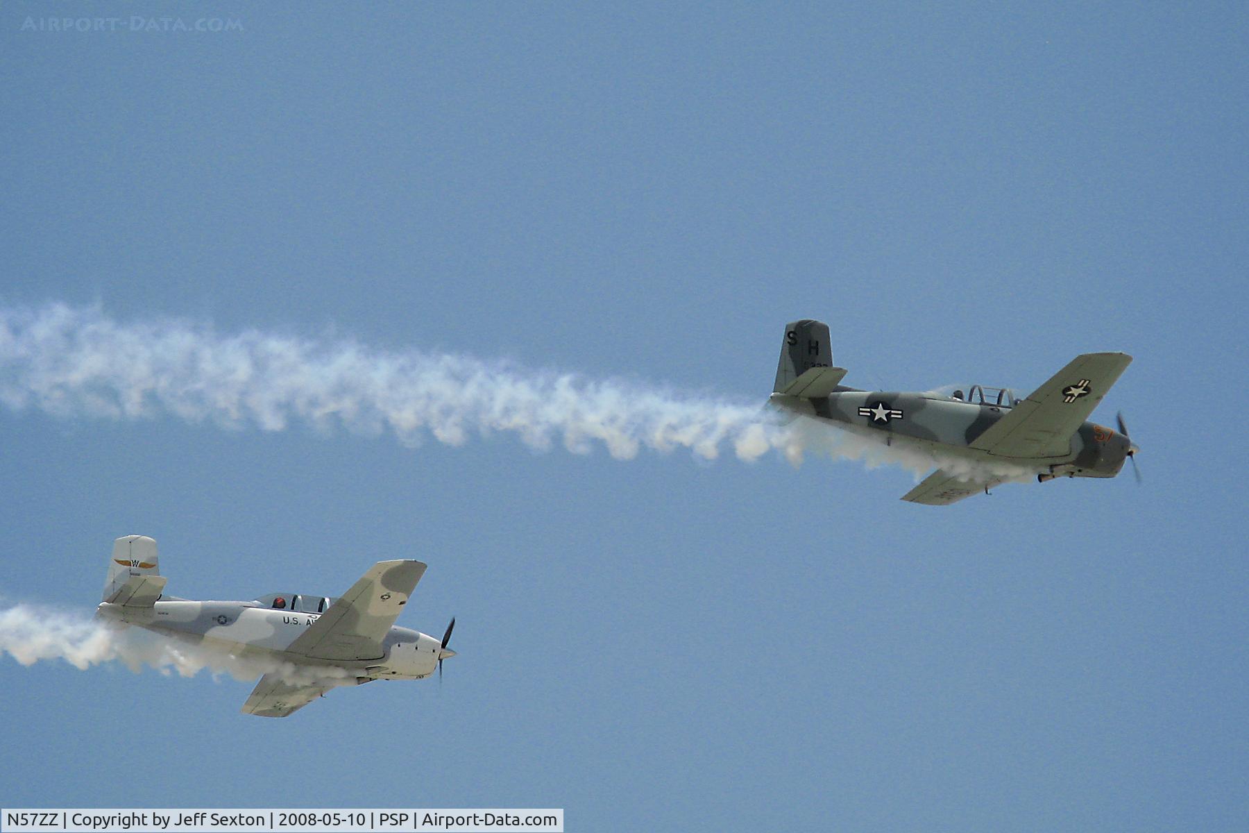N57ZZ, 1957 Beech D-45 Mentor C/N BG-323, N57ZZ & N34KW in formation fly past at Palm Springs Air Museum