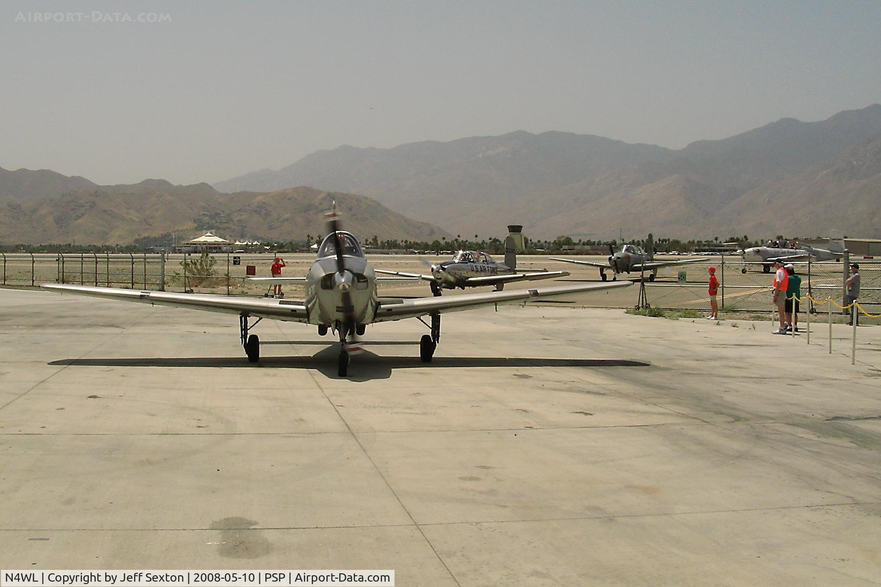 N4WL, Beech T-34A (A45) Mentor Mentor C/N G-127, N4WL, N6CL, N57ZZ & N34KW taxi into Palm Springs Air Museum
