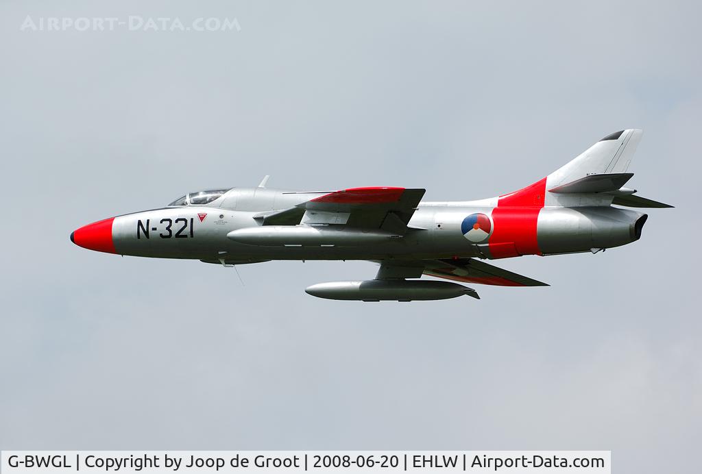 G-BWGL, 1959 Hawker Hunter T.8C C/N 41H/695946, This Hunter performed for the crowds at the Leeuwarden Open house. During its display it hit a large bird and declared may day. It landed safely, but suffered severe damage to the intake. It seems uncertain when it will fly again.