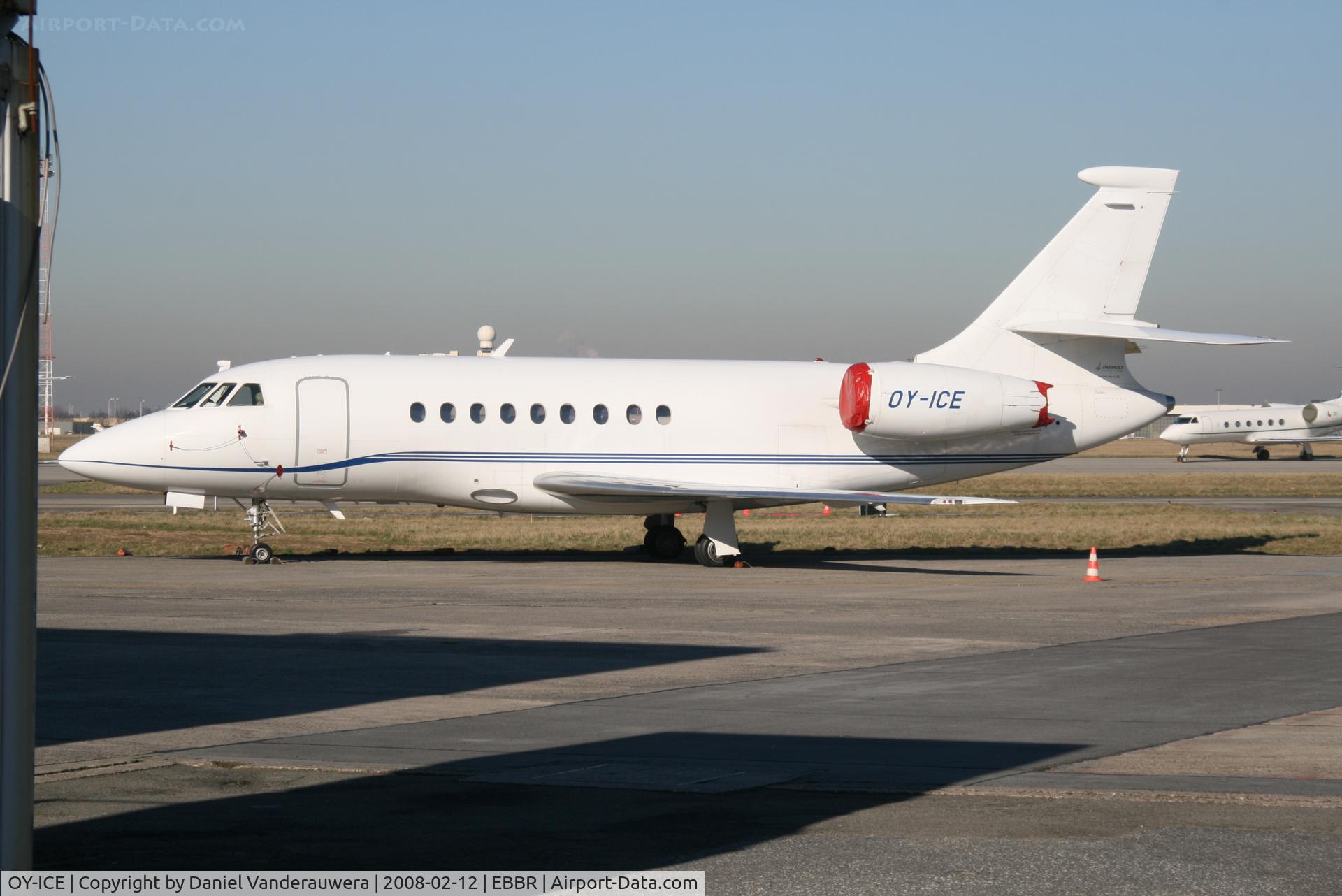 OY-ICE, 1996 Dassault Falcon 2000 C/N 026, parked on General Aviation apron (Abelag)