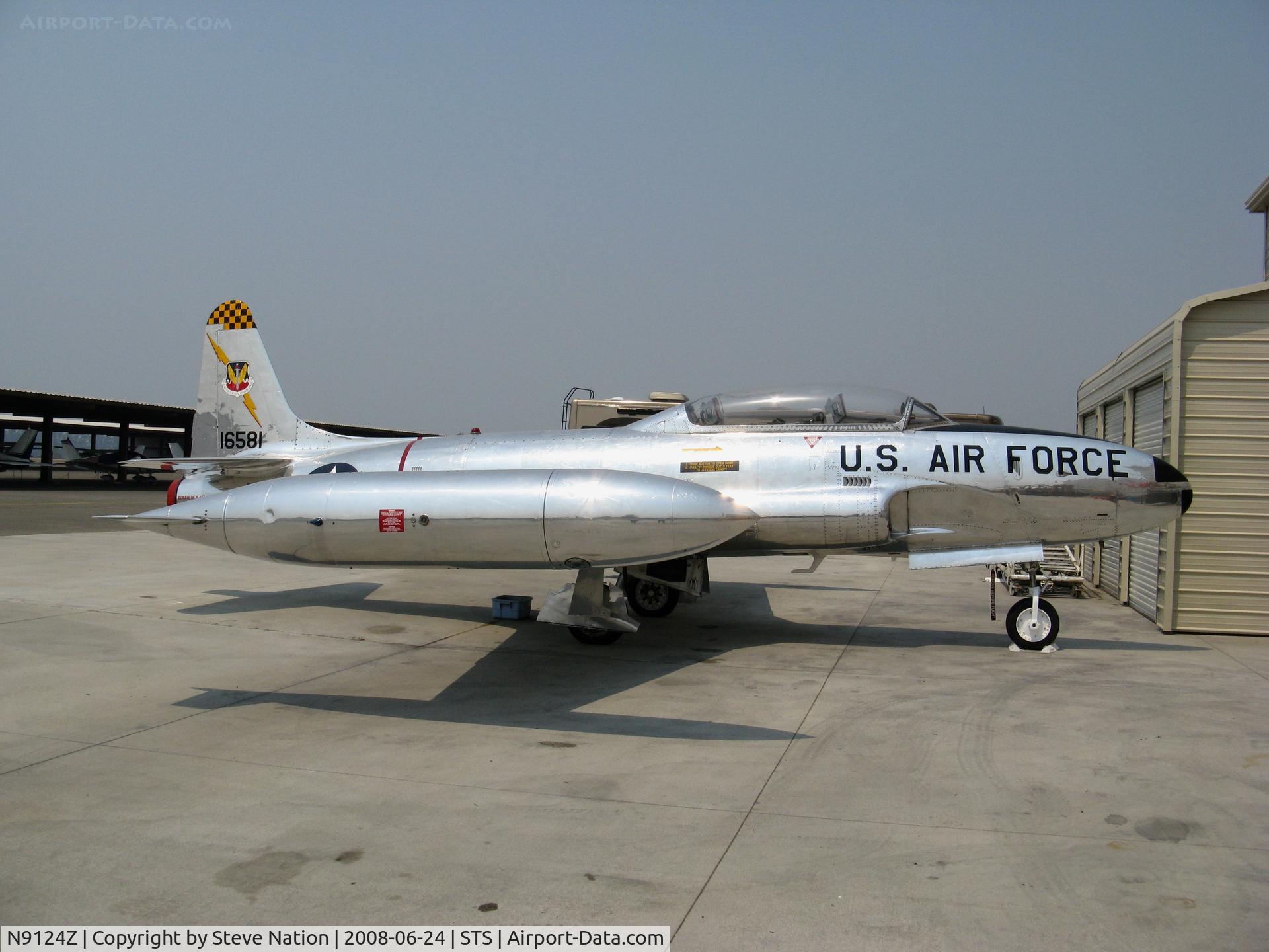 N9124Z, 1951 Lockheed T-33B Shooting Star C/N 580-5915, Beautifully restored Lockeed T-33A 51-6581 TAC y & bk checked tailband (Nellis-based 57FWW) as NX9124Z Commemorative AF Golden Gate Wing (whew!) @ Santa Rosa, CA