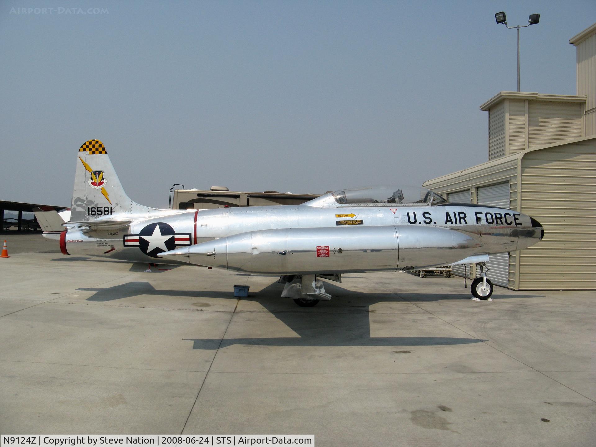 N9124Z, 1951 Lockheed T-33B Shooting Star C/N 580-5915, Beautifully restored Lockeed T-33A 51-6581 TAC y & bk checked tailband (Nellis-based 57FWW) as NX9124Z Commemorative AF Golden Gate Wing (whew!) @ Santa Rosa, CA