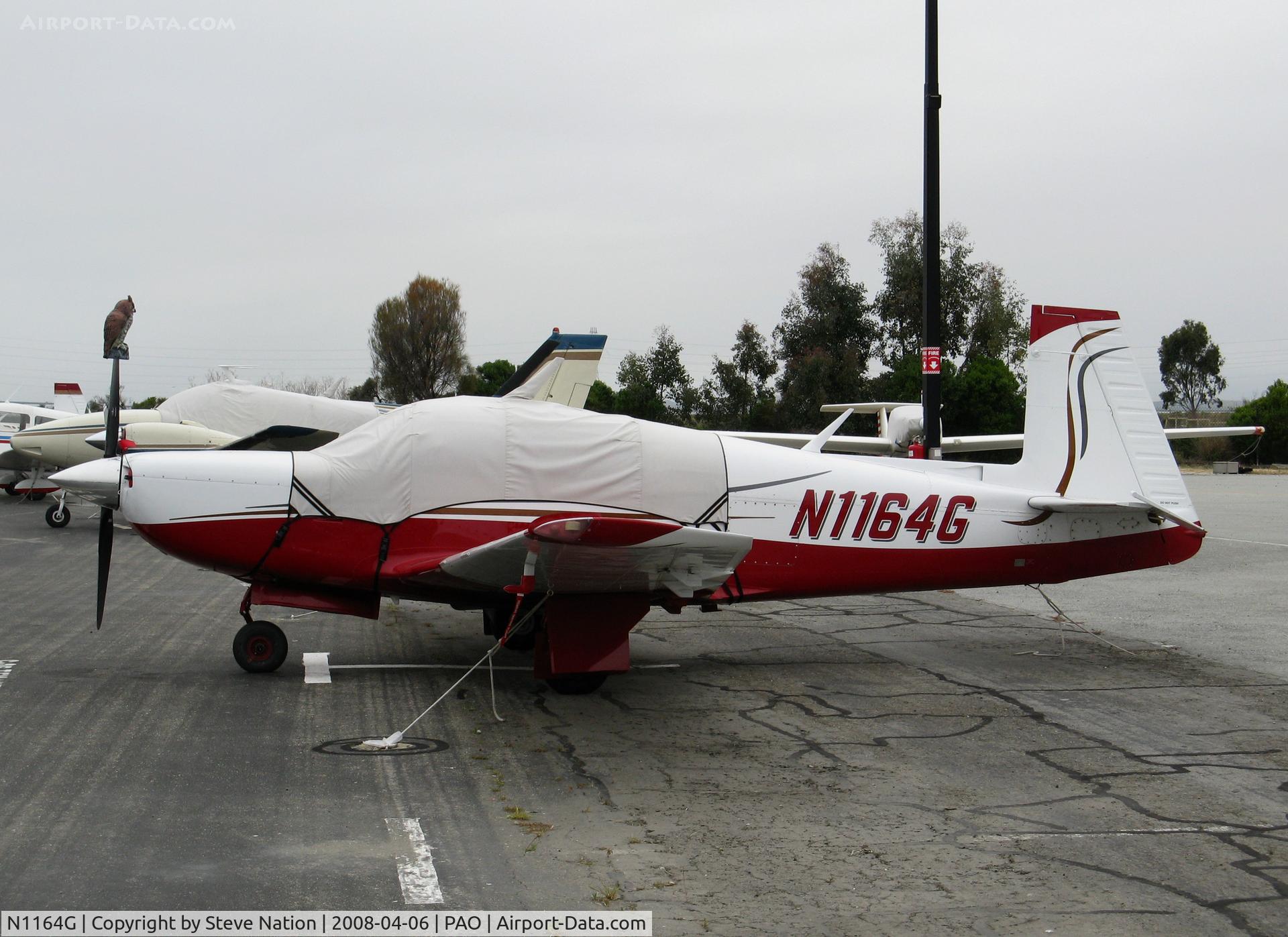 N1164G, 1982 Mooney M20K C/N 25-0677, 1982 Mooney Aircraft Corp. M20K with fake owl on prop (wonder if it works?!) @ Palo Alto, CA