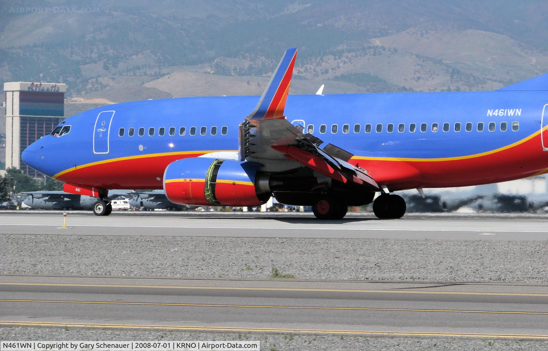 N461WN, 2004 Boeing 737-7H4 C/N 32465, Using every available device to stop on RNO's 9000 foot long runway 16L