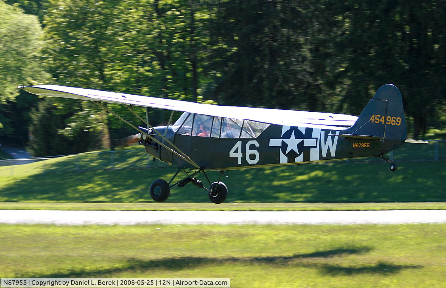 N87955, 1952 Piper J3C-65 Cub C/N 15573, Very cool 1952 Cub chases its shadow as it comes in for a landing.