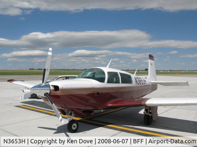 N3653H, 1980 Mooney M20K C/N 25-0435, Waiting for Thunderstorms in Scotts Bluff.  ISW->HIO