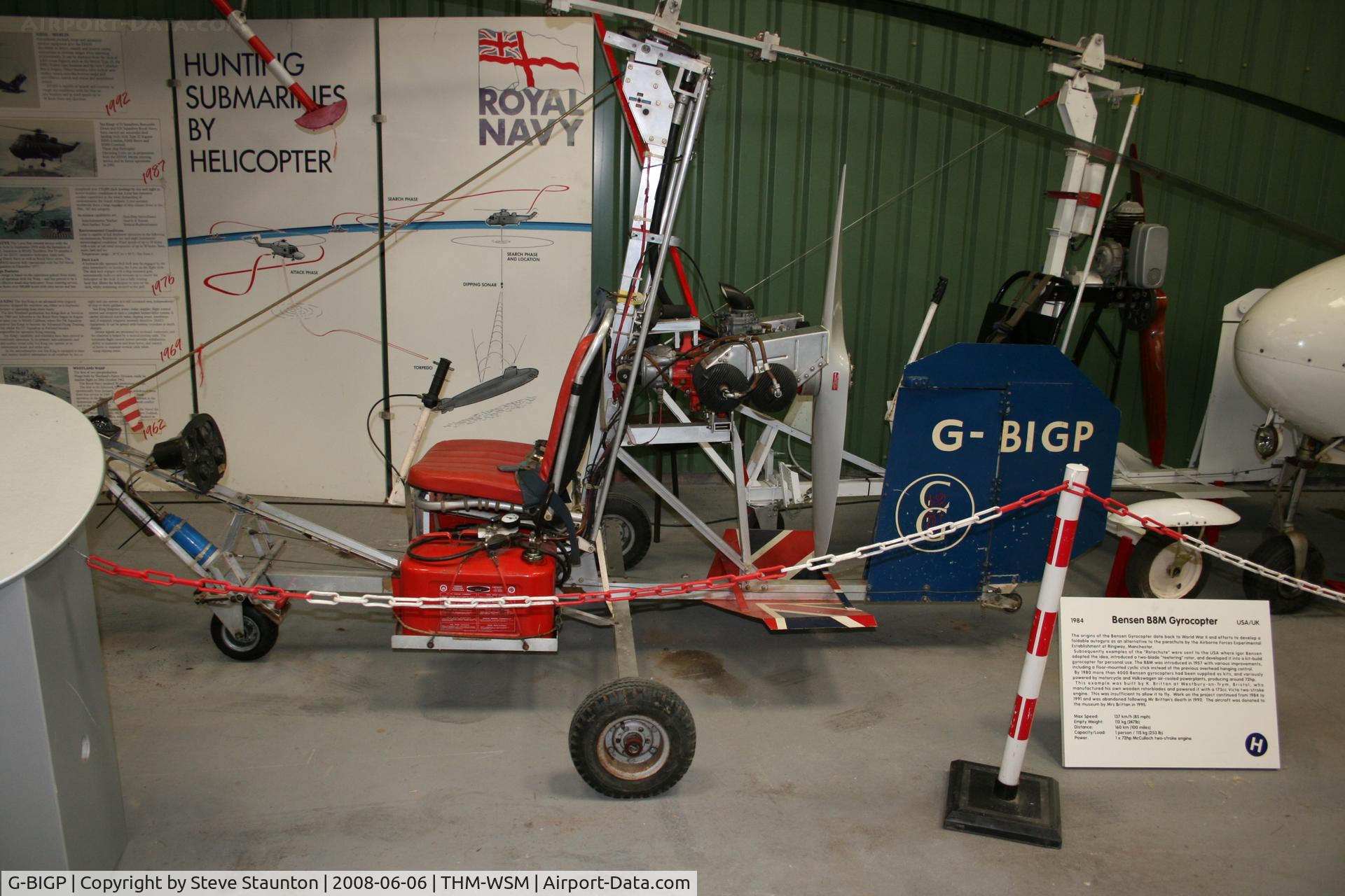 G-BIGP, 1981 Bensen B-8M Gyrocopter Gyrocopter C/N PFA G/01-1005, Taken at the Helicopter Museum (http://www.helicoptermuseum.co.uk/)