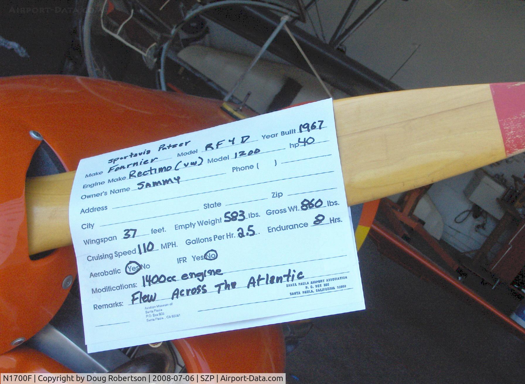 N1700F, 1967 Sportavia-Putzer Fournier RF-4D C/N 4054, 1967 Sportavia-Putzer FOURNIER RF4-D Motor-Glider, Rectimo (VW) 4AR 1200 modified to 1,400 c.c. upgrade, 40 Hp. Aircraft data/Trans-Atlantic solo flight history