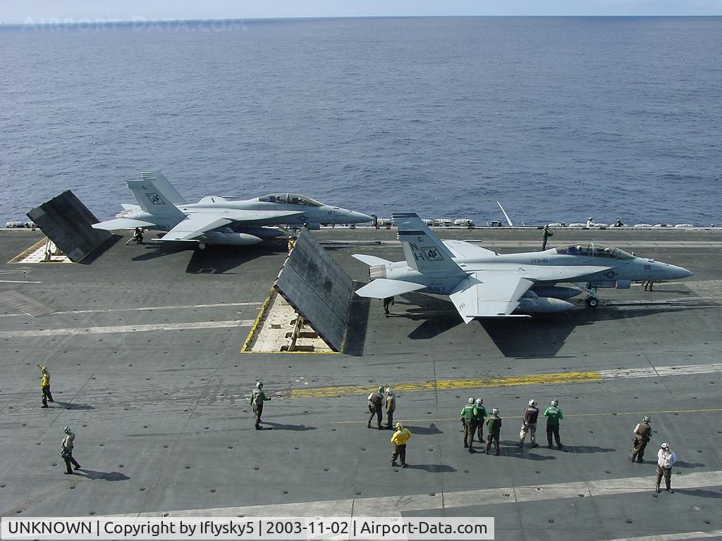 UNKNOWN, , US Navy FA-18's prepare for the cat shot
