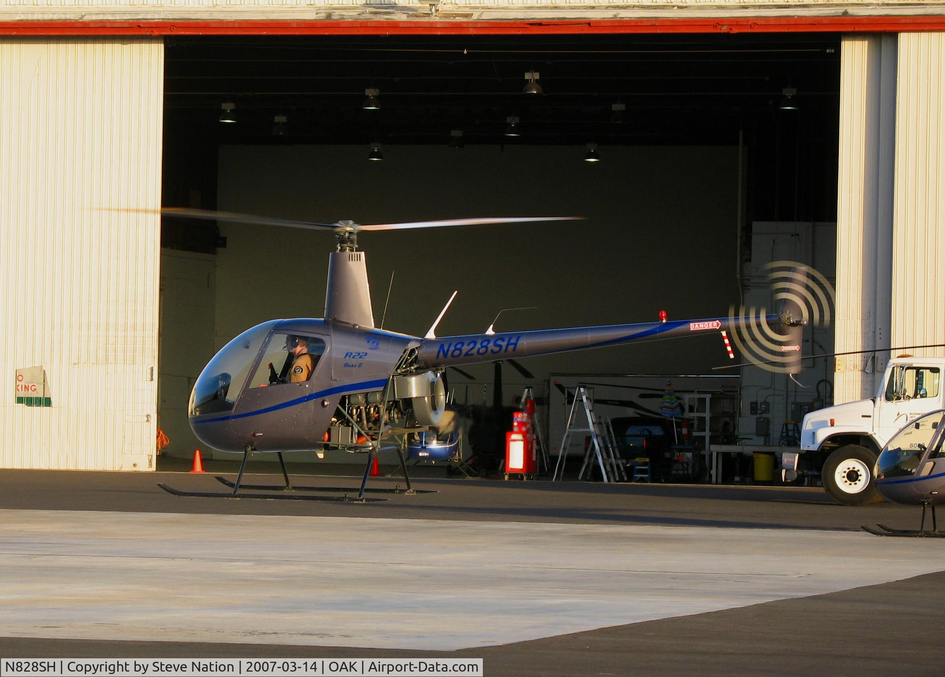 N828SH, 2005 Robinson R22 Beta C/N 3786, Lift-off sequence of now defunct Silver State Helicopters 2005 Robinson Helicopter R22 BETA crew training in late afternoon sun @Oakland, CA
