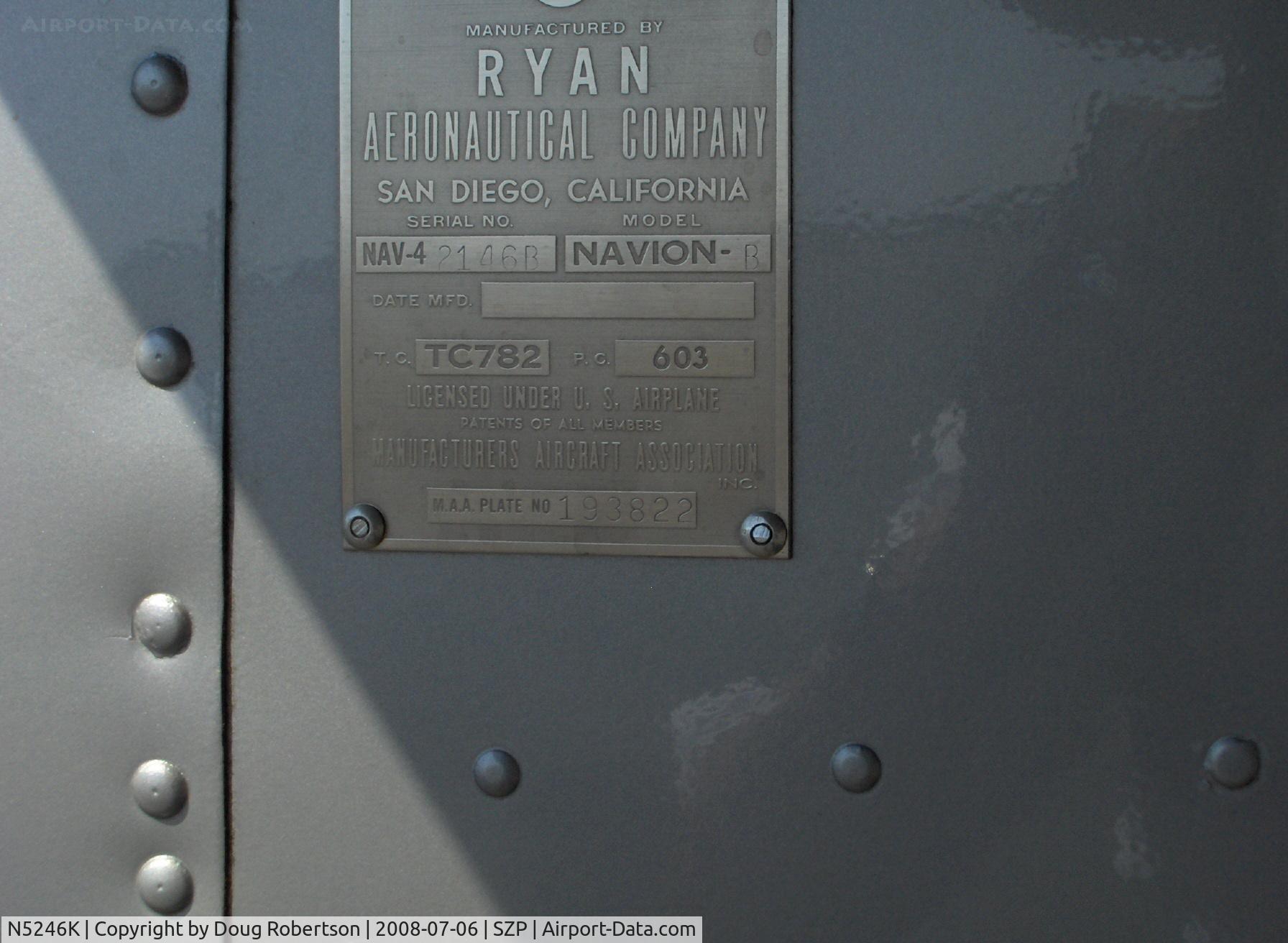 N5246K, 1950 Ryan Navion B C/N NAV-4-2146B, 1950 Ryan NAVION B as Korean War L-17, Lycoming GO-435 C&D 260 Hp, builder plate