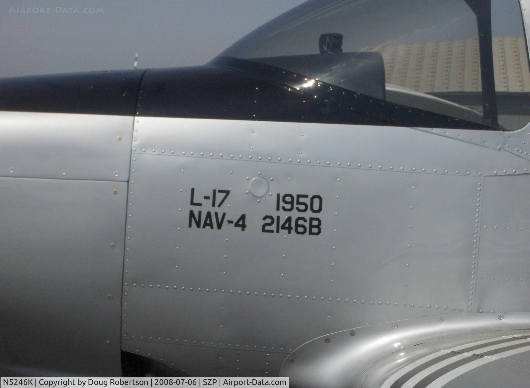 N5246K, 1950 Ryan Navion B C/N NAV-4-2146B, 1950 Ryan NAVION B as Korean War L-17, Lycoming GO-435 C&D 260 Hp, aircraft data