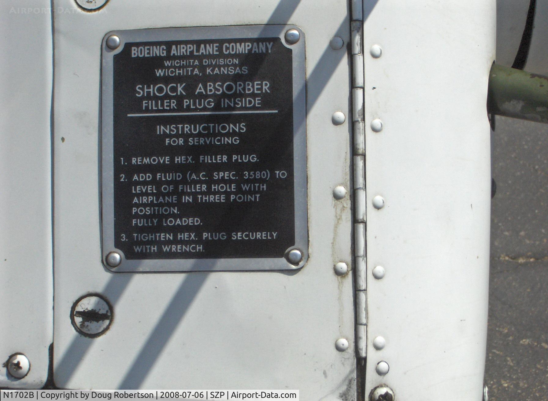 N1702B, 1942 Boeing PT-13D Kaydet (E75) C/N 75-5903, 1942 Boeing PT-13D Cont. W670 220 Hp, 'Ruthies Doll', Hydraulic gear data plate