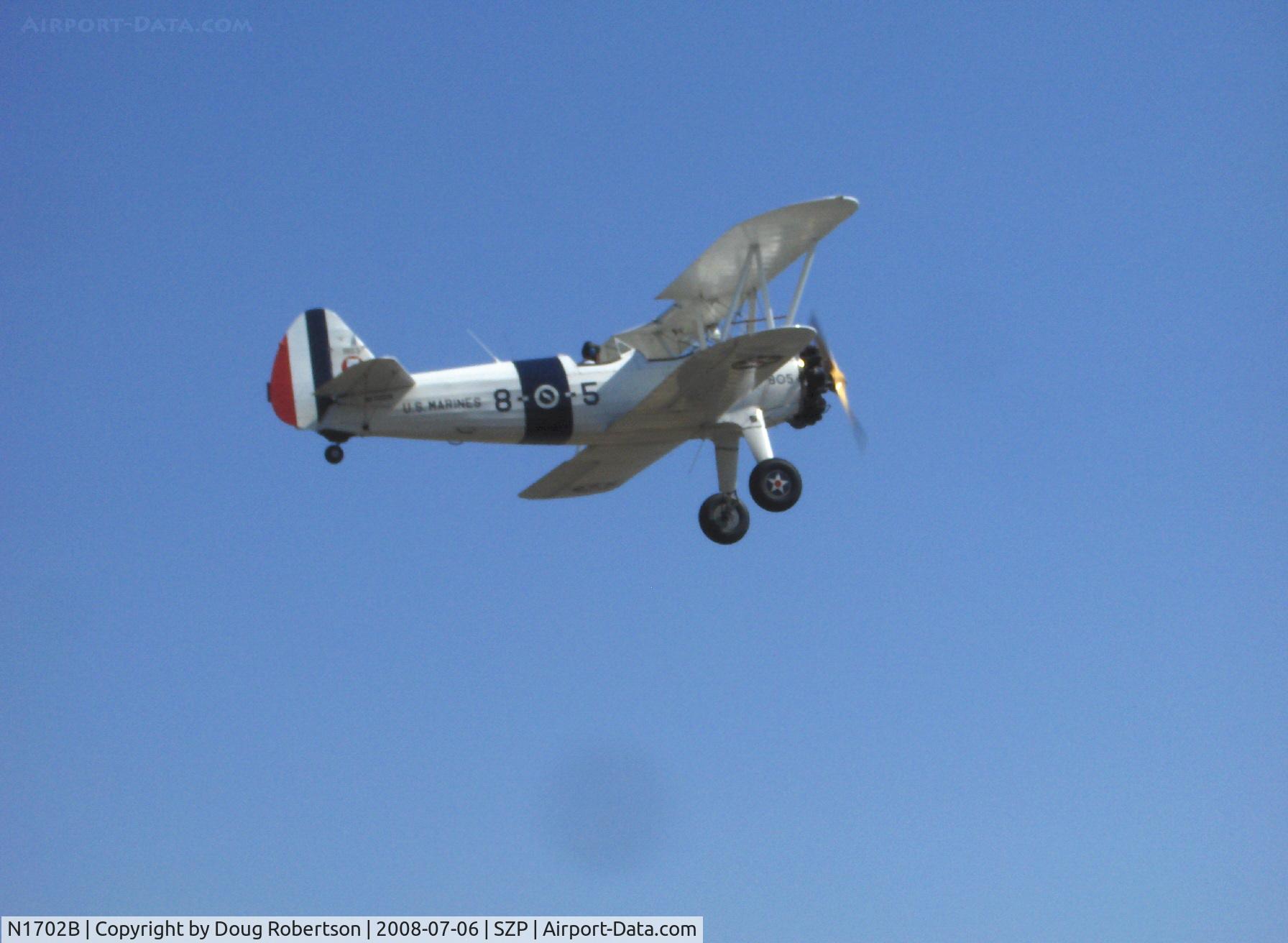 N1702B, 1942 Boeing PT-13D Kaydet (E75) C/N 75-5903, 1942 Boeing PT-13D Cont. W670 220 Hp, 'Ruthies Doll', takeoff climb Rwy 22
