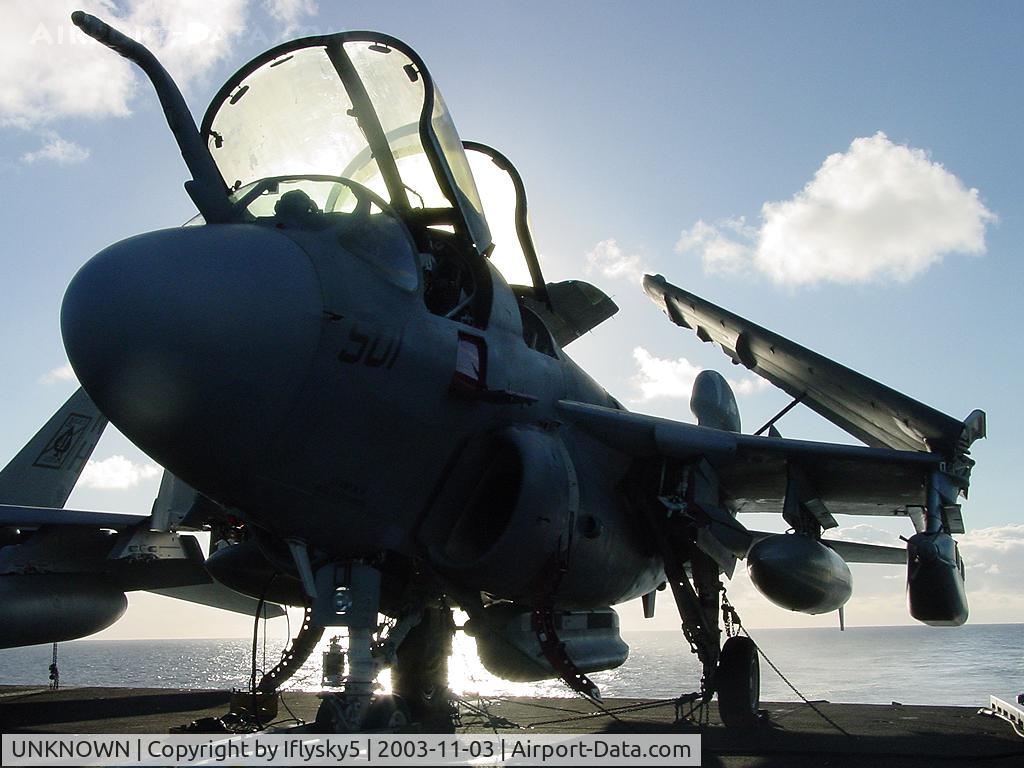 UNKNOWN, , USN EA-6B chocked & chained on the fantail @ sunset
