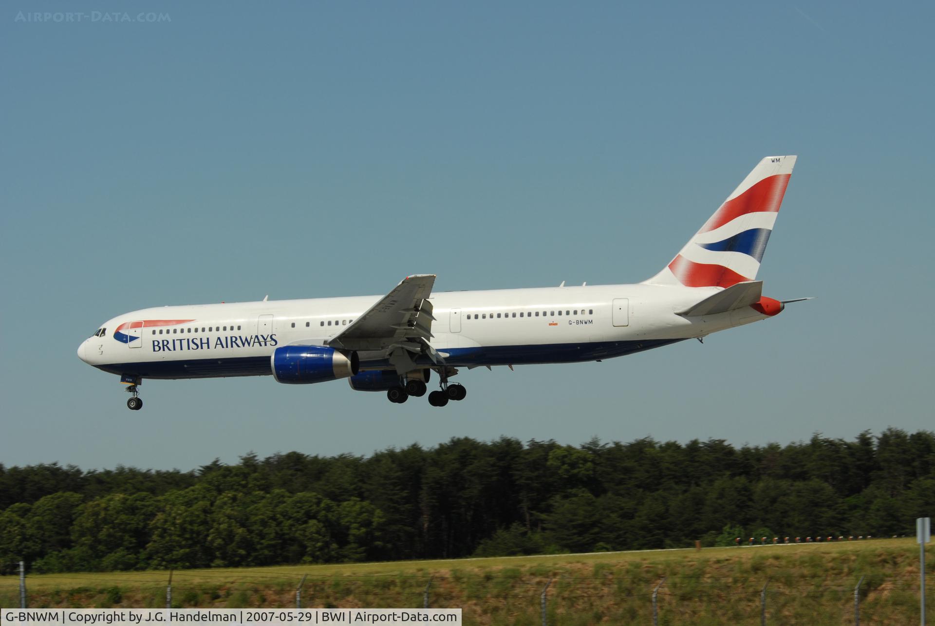 G-BNWM, 1991 Boeing 767-336 C/N 25204, Touching down on 33L at BWI