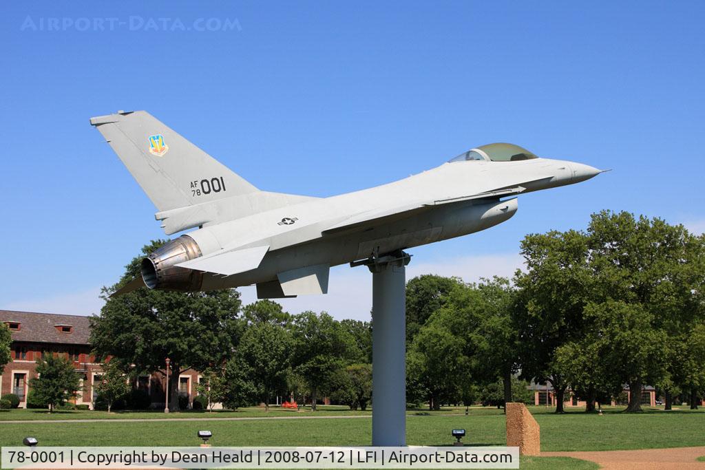 78-0001, 1978 General Dynamics F-16A Fighting Falcon C/N 61-7, 1st operational F-16A Fighting Falcon. 1st flight 8-7-78. Entered service with USAF 388th TFW at Hill AFB 1-6-79. Served with 310th TFTS at Luke AFB, 159th FIS Florida ANG, 134th FIS Vermont ANG, and 107th TFS Michigan ANG. Now displayed at Langley AFB.