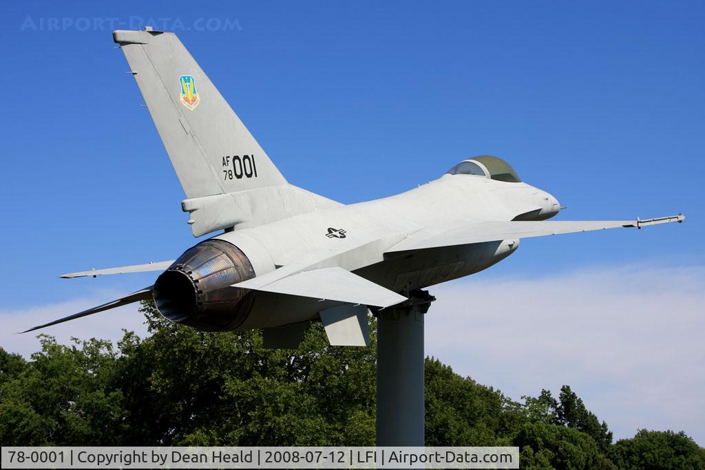 78-0001, 1978 General Dynamics F-16A Fighting Falcon C/N 61-7, 1st operational F-16A Fighting Falcon. 1st flight 8-7-78. Entered service with USAF 388th TFW at Hill AFB 1-6-79. Served with 310th TFTS at Luke AFB, 159th FIS Florida ANG, 134th FIS Vermont ANG, and 107th TFS Michigan ANG. Now displayed at Langley AFB.