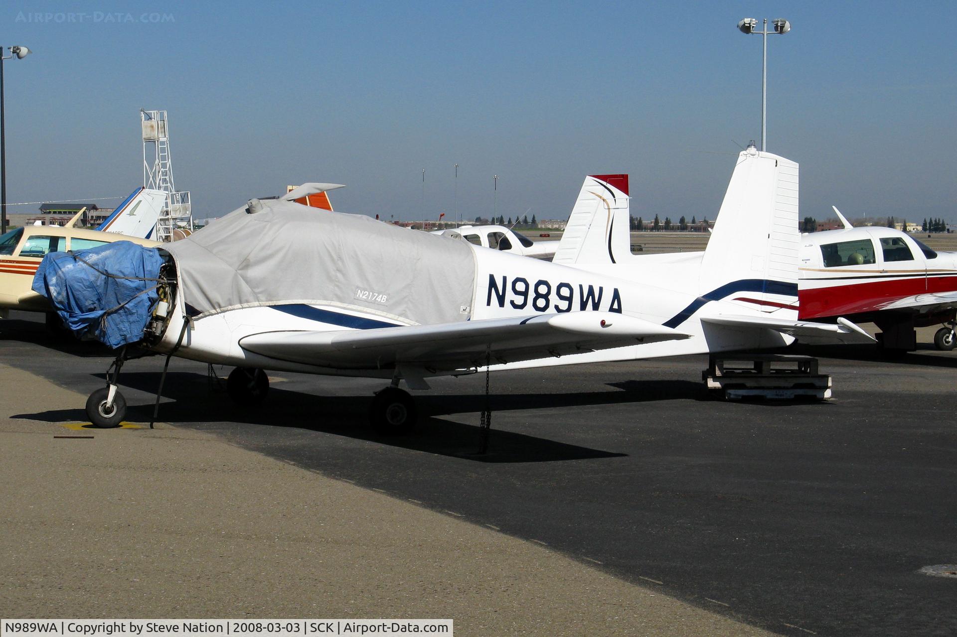 N989WA, 1968 SIAI-Marchetti S-205-22R C/N 389, 1968 Siai-marchetti S.205/22R with canopy cover and hefty bags over engine (!) @ Stockton Muni Airport, CA