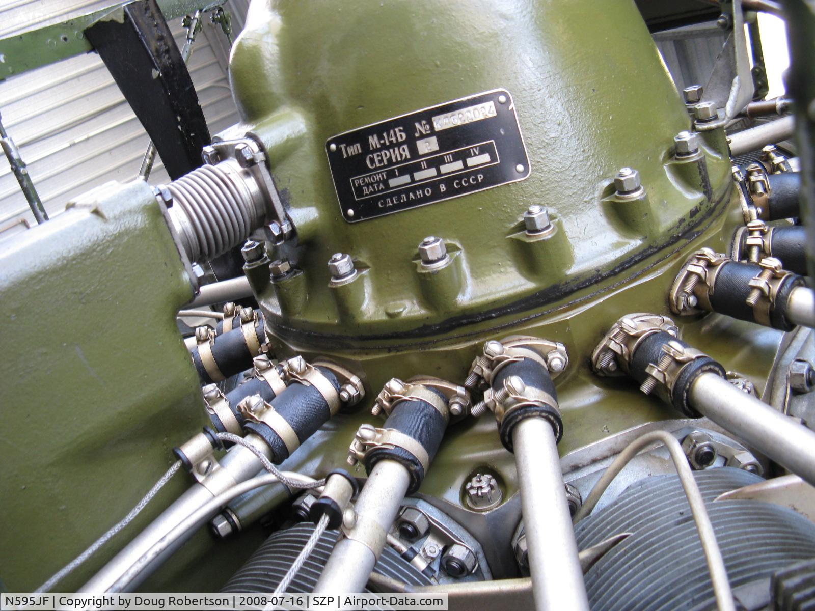 N595JF, 1969 Nanchang CJ-6A C/N 2532051, 1969 Nanchang China CJ-6A, Vedeneev (Ivchenko) M14b 360 Hp upgrade, Russian engine data plate, a rare engine with splined shaft-only one of five known in America.