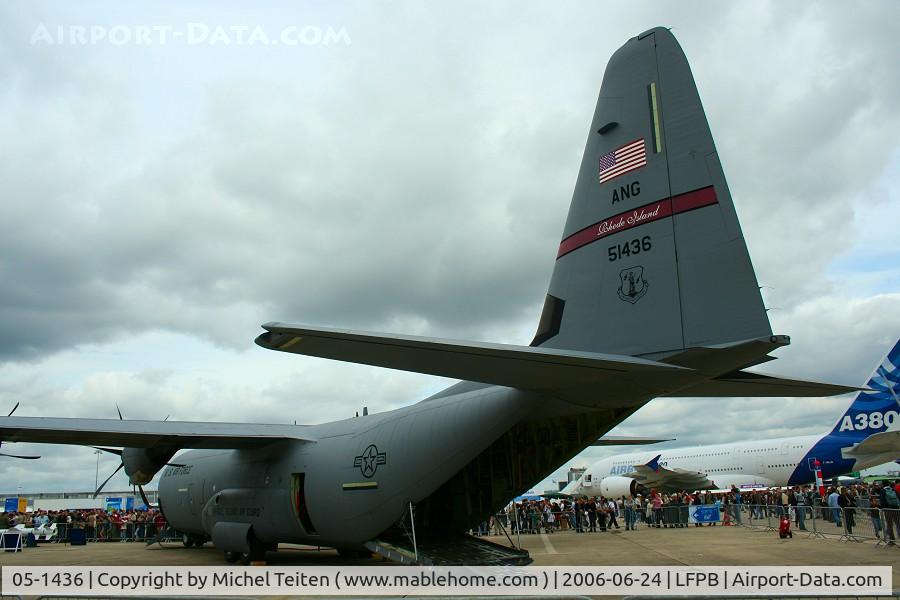 05-1436, 2005 Lockheed Martin C-130J-30 Super Hercules C/N 382-5575, 143rd Airlift Squadron / 143rd Airlift Wing from Rhode Island Air National Guard at the Paris Le Bourget Airshow in June 2007