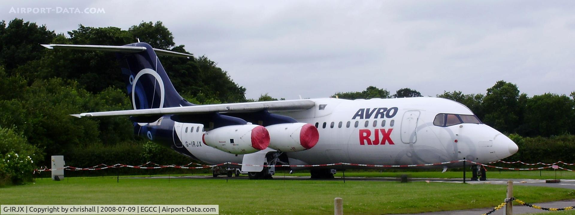 G-IRJX, 2001 British Aerospace Avro 146-RJ100 C/N E3378, on display at the viewing area at Manchester Airport