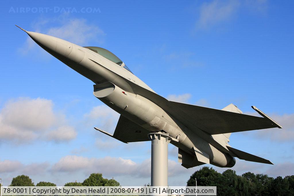 78-0001, 1978 General Dynamics F-16A Fighting Falcon C/N 61-7, 1st operational F-16A Fighting Falcon. 1st flight 8-7-78. Entered service with USAF 388th TFW at Hill AFB 1-6-79. Served with 310th TFTS at Luke AFB, 159th FIS Florida ANG, 134th FIS Vermont ANG, and 107th TFS Michigan ANG. Now displayed at Langley AFB.